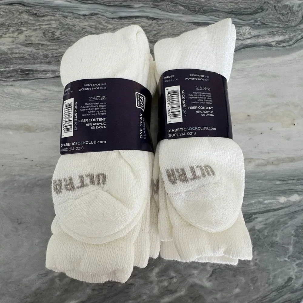 NWT Pack of 2 DSC Unisex White Ultra Soft Mid Calf Diabetic Sock Club Size L/XL